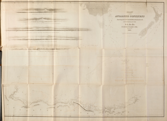 Map of Antarctica circa January 1840 from <a href = "http://bc-primo.hosted.exlibrisgroup.com/primo_library/libweb/action/dlSearch.do?institution=BCL&vid=bclib&onCampus=true&group=GUEST&loc=local,scope:(BCL)&query=any,contains,ALMA-BC21360033880001021"><i>Narrative of the United States Exploring Expedition during the years 1838, 1839, 1840, 1841, and 1842</i></a> by Charles Wilkes, 1844, 11-000025848,  General Collection, John J. Burns Library, Boston College.