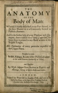 Title page to Nicholas Culpeper's translation of  Johann Vesling’s Anatomy of the Body of Man.