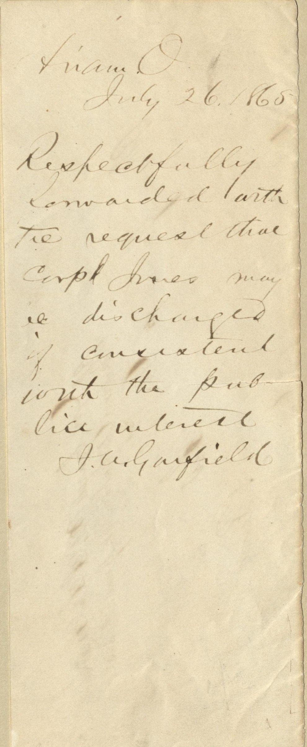 Manuscript letter signed by James A. Garfield