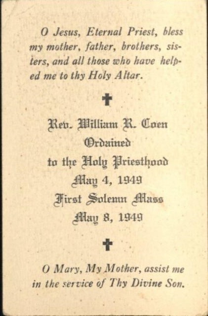 Verso of prayer card announcing the ordainment of Rev. William R. Coen, May 4, 1949